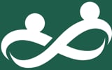 White infinity symbol with two human figures connected, representing partnership and unity